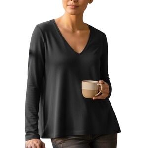 Chico's Top Black 100% Pima Cotton V Neck Long Sleeve‎ Pullover Sz 2  Med 12